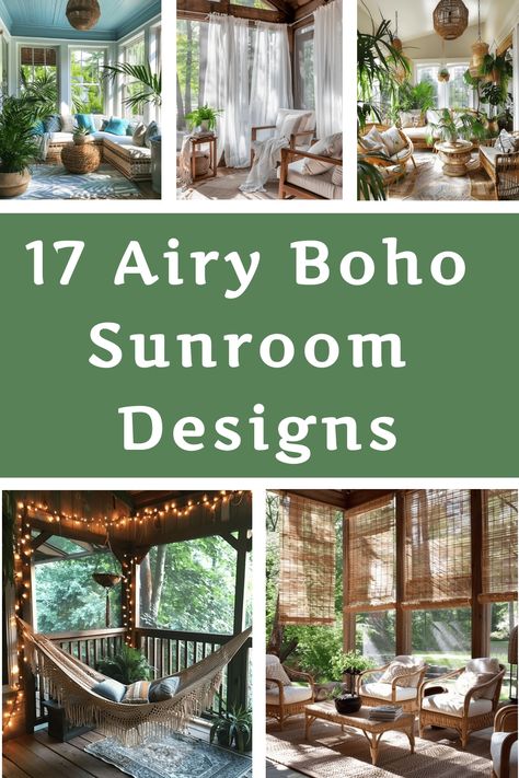 Explore 17 stunning and airy Boho sunroom designs that will inspire you to create your own cozy oasis at home. Incorporate natural elements, vibrant patterns, and plenty of greenery to achieve the perfect Bohemian look. Whether you're looking for a relaxing reading nook or a peaceful plant-filled space, these sunroom ideas are sure to spark your creativity. Embrace the eclectic and laid-back vibe of Boho style with these charming design inspirations. Indoor Sunroom Ideas Bohemian, Indoor Sunroom Decorating Ideas, Decorating A Sunroom On A Budget, Sunroom Wall Ideas, Bohemian Sunroom Ideas, Rustic Sunroom Ideas, Sunroom With Plants, Sunporch Decorating Ideas, Outdoor Sunroom Ideas