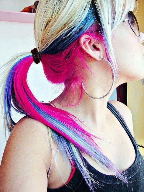 No blue though Hair Dye Colors Bottom Half, Pink And Blue Hair, Ombre Highlights, Hair Color Crazy, Bright Hair Colors, Color Highlights, Hair Diy, Bright Hair, Funky Hairstyles