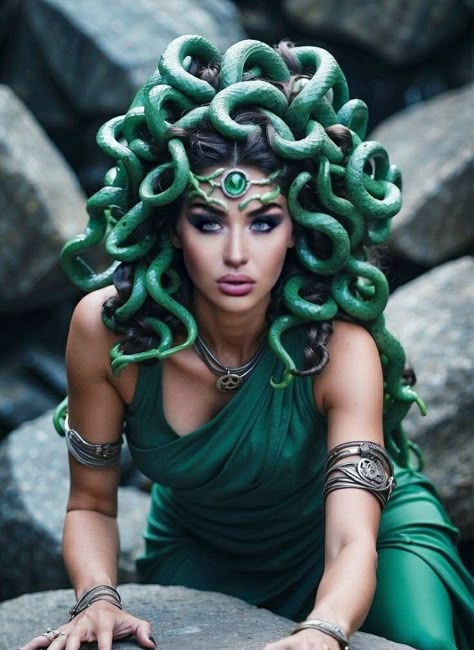 Snake Costume Womens, High Sleek Bun, Unkempt Hair, Mythology Costumes, Zombie Hair, Medusa Hair, Medusa Costume, Halloween Hairstyles, Trendy Halloween Costumes