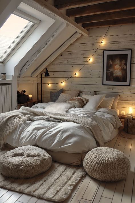 This charming attic bedroom embodies the essence of feminine elegance, adorned in a harmonious blend of pink and the wood material. Attic Bedroom Platform Bed, Minimal Attic Bedroom, Attic Bedroom Window Ideas, Bedroom A Frame Ceiling, Bedroom Triangle Ceiling, Attic Room Renovation, Angle Ceiling Bedroom Ideas, Angles Ceiling Bedroom, How To Make You Bed Look Cozy