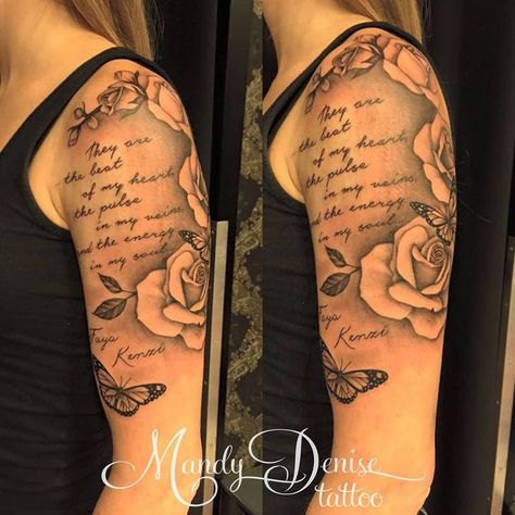 Arm Tattoos For Women Upper, Written Tattoos, Half Sleeve Tattoos For Women, Rosen Tattoo Frau, Unique Half Sleeve Tattoos, Arm Sleeve Tattoos For Women, Half Sleeve Tattoos, Quarter Sleeve Tattoos, Christian Sleeve Tattoo