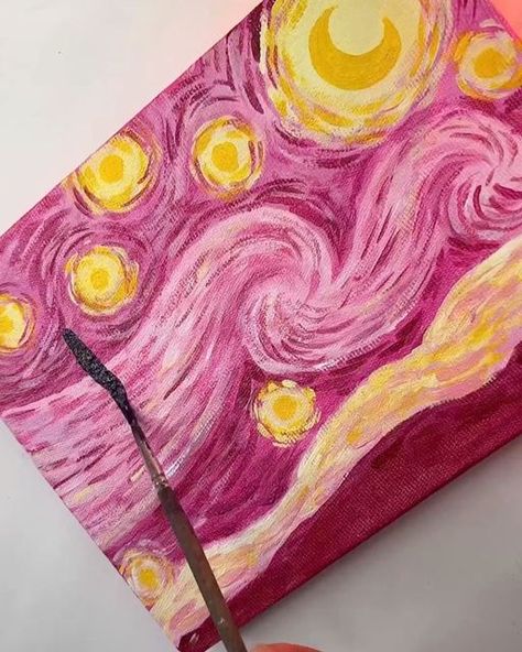 Purple Pink Painting, Pink Starry Night Painting, Pink Painting Easy, Canvas Painting Ideas Pink, Pink Starry Night, Purple Starry Night, Starry Night Painting, Paintings Ideas, 2023 Pink