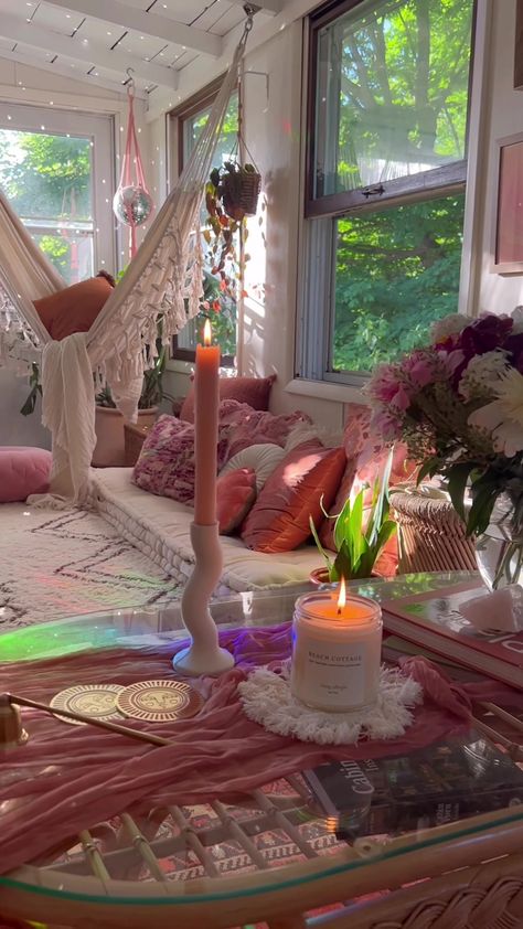 New House Decorating Ideas Boho, Pink Spiritual Aesthetic Room, Pink Sunroom Ideas, Pink Boho Room Decor, New Apt Aesthetic, Vibey House Aesthetic, Hammock In House, Pink Boho Apartment, 20s Room Decor