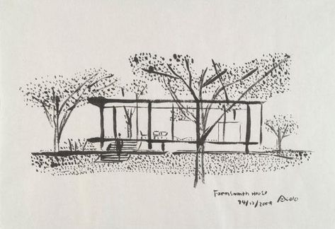 Farnsworth House Sketch, Mies Van Der Rohe Sketch, Glass House Philip Johnson, Philip Johnson Glass House, Farnsworth House, Bauhaus Movement, Philip Johnson, Ludwig Mies Van Der Rohe, Tadao Ando