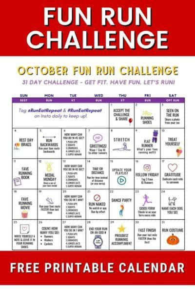 Join the FUN RUN Challenge! Get Fit and Have Fun this month!! FUN RUN Photo a Day Challenge - October 2020 How to Join: 1. Screenshot the Challenge Calendar & Share on your Instagram 2. Follow along each day & post a photo from your life 3. Tag @RunEatRepeat & ... FAQs: - ALL runners are welcome. - You don't have to run each day. (See the full Calendar for suggested run schedule.) - You don't have to run fast. - It's free. - You do have to have FUN. October Fitness Challenge Ideas, Running Calendar, Run Challenge, Plan Calendar, Challenge Calendar, Calendar Free Printable, Running Challenge, Full Calendar, Quick Workouts