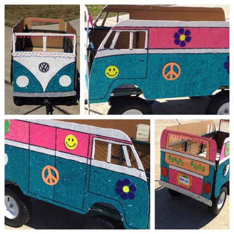 Daughter's float for school Kiddie Parade Float Ideas, 70s Float Ideas, Vw Bus Parade Float, Hippy Parade Float, 70s Parade Float, 70s Float Parade, Wagon Parade Float Ideas, 70s Parade Float Ideas, Wagon Parade Float Ideas Kids