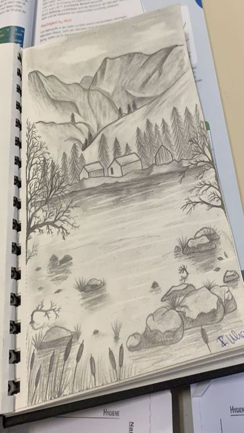 Sketch Of Nature Beauty, Creative Nature Drawings, Pencil Sketch Ideas Creative Beautiful, Nature Related Drawings, Drawing Nature Ideas, Nature Drawing Ideas, Landscape Pencil Drawings, Pencil Drawing Images, Drawing Scenery