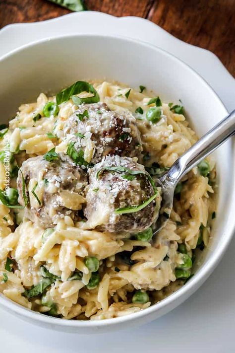 Basil Cream Sauce, Parmesan Meatballs, Carlsbad Cravings, Cream Sauce Recipes, Orzo Recipes, Beef Meatballs, Easy Meal Plans, Lasagna Recipe, Cream Sauce