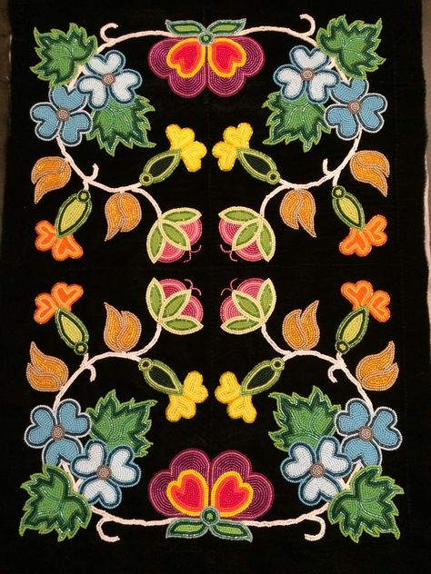 Ojibwe floral dress panel Cree Beadwork, Ojibwe Floral Design, Ojibwa Beadwork, Métis Beadwork, Ojibwe Floral, Powwow Beadwork, Floral Beadwork, Indian Beadwork, Native Artwork