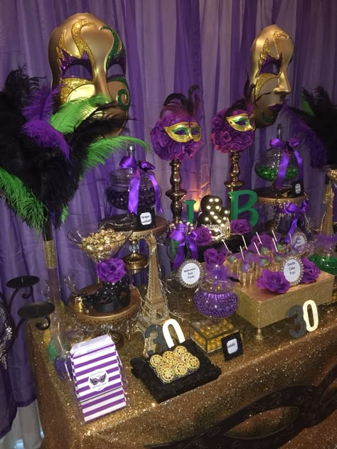 Birthday Masquerade Party. Candy Buffet in Purple, Green, Black and Gold. Birthday Masquerade Party, Candy Buffet Birthday, Unique Birthday Ideas, Unique Birthday Party Ideas, Mardi Gras Party Decorations, Mardi Gras Wedding, Masquerade Party Decorations, Mardi Gras Centerpieces, Masquerade Theme