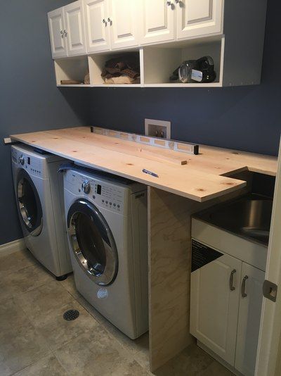 Waterfall Laundry Countertop, Counter On Top Of Washer And Dryer, Laundry Room Front Loaders Countertops, Laundry Room Countertop Options, Front Loader Laundry Room Ideas, Small Utility Sink, Top Loader Laundry Room, Homemade Cabinets, Mud Room Laundry Room Combo