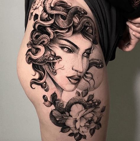 Find our medusa tattoo guide and learn all about the myth, her symbols, and find more medusa tattoo designs for women in it! Medusa Tattoo Hip, Flowers Thigh Tattoo, Tattoo Guide, Tattoo Hip, Medusa Tattoo Design, Hip Thigh Tattoos, Medusa Tattoo, Hip Tattoo, Tattoo Designs For Women