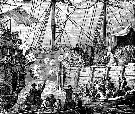 The Boston Tea Party 1773. In Boston Harbor, a group of Massachusetts colonists disguised as Mohawk Indians board three British tea ships and dump 342 chests of tea into the harbor. This was in protest of the British Parliament’s Tea Act of 1773. This angered the colonist. Boston Tea Party Drawings, American Revolution Projects, The Boston Tea Party, British Parliament, Boston Tea Party, Sons Of Liberty, Patriotic Tattoos, Boston Tea, British Tea