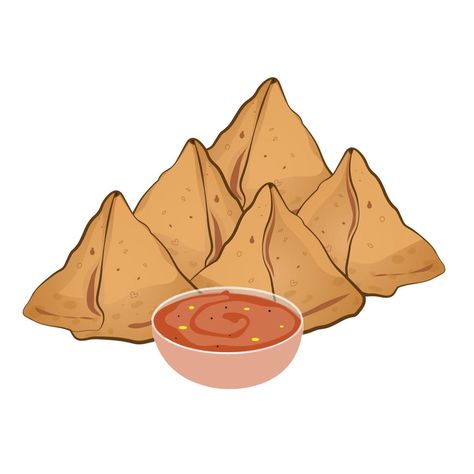 SAMOSA WITH RED CHUTNEY Chai Samosa Illustration, Samosa Aesthetic, Samosa Drawing, Samosa Illustration, Red Chutney, Cartoon Food, Food Doodles, Food Stall, Indian Snacks