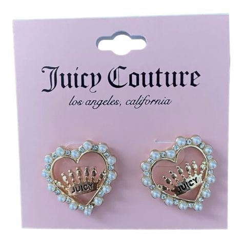 Nwt-Juicy Couture-Heart Shaped Earrings Pearl And Goldtone Brand New Juicy Couture Earrings, Ribbon Logo, Crystal Heart Earrings, Juicy Couture Accessories, Swarovski Crystal Hearts, Arrow Earrings, Juicy Couture Charms, Juicy Couture Jewelry, Pink Swarovski