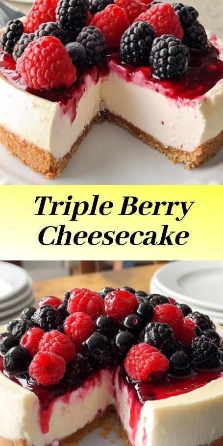 Triple Berry No-Bake Cheesecake: A delicious and refreshing dessert perfect for any occasion. Creamy and fruity with a graham cracker crust, this easy recipe will impress your family and friends without the hassle of baking. Enjoy! #NoBakeCheesecake #TripleBerry #EasyDessert Mixed Berry Topping For Cheesecake, Berry Topping For Cheesecake, Nobakecheesecake Recipes, Berry No Bake Cheesecake, Fruity Cheesecake, Triple Berry Cheesecake, Berry Cheesecake Recipes, Mushroom Birthday, Graham Cracker Crust Recipe