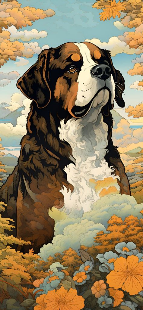 An Ukiyo-E style artistic depiction of a Saint Bernard dog sitting amongst clouds and vegetation, ideal for an aesthetic phone wallpaper. Grizzly Bear Tattoos, Burnese Mountain Dog, Dog Wallpaper Iphone, Saint Bernard Dog, Unique Wallpapers, Batman Pictures, St Bernard Dogs, Bernard Dog, Aesthetic Wallpaper Iphone