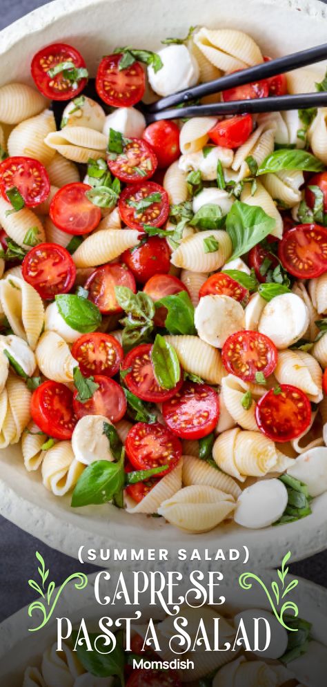 Caprese pasta salad is a delightful and refreshing dish that combines the flavors of a traditional Caprese salad with cooked pasta. The salad includes cooked pasta tossed with fresh mozzarella cheese, cherry tomatoes, fresh basil leaves, and a tangy dressing. This combination provides a delicious blend of flavors that is both light and satisfying. It is often served as a side dish or a standalone meal, and can be enjoyed at picnics, barbecues, or as a refreshing option on hot days. Sides To Bring To A Cookout, Caprese Pasta Salad Recipes, Cookout Dishes, Best Picnic Food, Filling Salad Recipes, Cold Pasta Salad Recipes, Caprese Pasta Salad, Caprese Pasta, Mozzarella Recipes