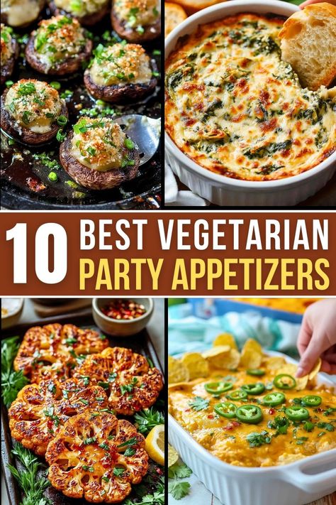 Hosting a party or game day? These 10+ best vegetarian appetizers are perfect for any occasion! From stuffed mushrooms and creamy spinach dip to spicy jalapeño poppers and crispy cauliflower wings, these recipes are easy to make, packed with flavor, and sure to please vegetarians and meat-eaters alike. Quick, healthy, and delicious, these appetizers are a must-try! Veg Party Appetizers, Veg Dinner Party Recipes, Meatless Party Food Appetizers, Meatless Game Day Food, Vegetarian Recipes Appetizers Parties, Meatless Appetizers For Party, Vegetarian Super Bowl Food Appetizers, Vegetarian Appetizer Recipes Easy, Fancy Vegetarian Appetizers