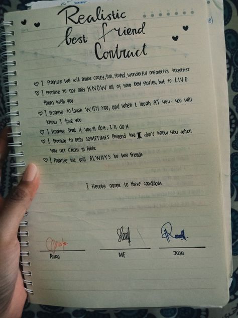 Realistic Friendship Contract, Farewell Things To Do, Dairy Ideas Notebook For Best Friend, Best Friend Contract Ideas, Realistic Best Friend Contract, Friendship Photo Album Ideas, Scrapbook Ideas For Friends Bff Birthday, Friendship Contract Ideas, Best Friend Journals