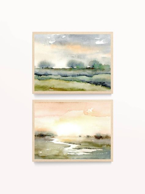 Set of 2 Landscape Prints Abstract Watercolor Painting Sunset Riever Print Moody Landscape Art Large Abstract Wall Art Wall Decor - Etsy Hong Kong Moody Watercolor Paintings, Easy Landscapes, Large Watercolor Painting, Watercolor Easy, Large Landscape Painting, Moody Landscape, Abstract Watercolor Landscape, Painting Sunset, Large Abstract Wall Art