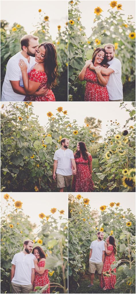 Daniela and Andrew's sunflower engagement photos at Proclamation Flowers with Chicagoland wedding photographer Kara Evans Photographer. Sunflower Garden Couple Photoshoot, Sunflower Field Photoshoot Outfits Couple, Engagement Photos Flower Garden, Sunflower Engagement Photos, Sunflower Field Engagement Photos, Family Photos Sunflower Field, Sunflower Engagement Pictures, Sunflower Mini Session, Sunflower Ideas