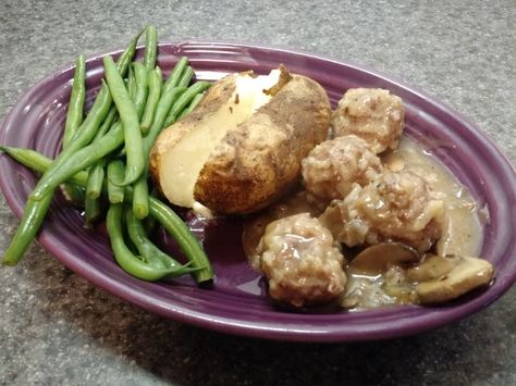 Porcupine Meatballs served with baked potato and green beans Porcupine Meatballs With Mushroom Soup, Meatball Porcupines, Meatballs Porcupine, Ground Beef Porcupine Meatballs, Porquipine Meatball With Rice, Porcupine Meatballs, Meatball Sauce, Brown Mushroom, Mushroom Gravy