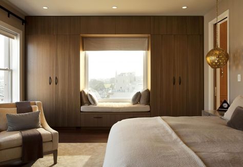 Pacific Heights Penthouse by De Meza + Architecture | HomeDSGN. I would love this idea in my bedroom, especially the window seat. Penthouse Modern, Garderobe Design, Window Seat Design, Bedroom Wardrobe Design, Bedroom With Sitting Area, Build A Closet, Wardrobe Design Bedroom, تصميم للمنزل العصري, Bedroom Windows