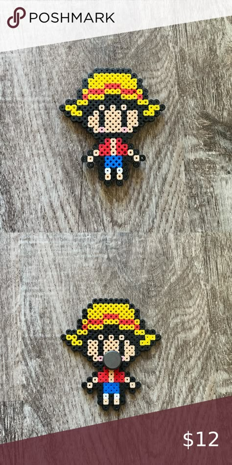 Anime Monky D Luffy One Piece magnet handmade perler beads One Piece Beads Pattern, One Piece Pearler Beads, Hama Beads Patterns Anime, Anime Melty Beads, Jojo Perler Beads, Luffy Perler Beads, One Piece Perler Beads Pattern, Perler Bead Anime, Hama Beads Anime