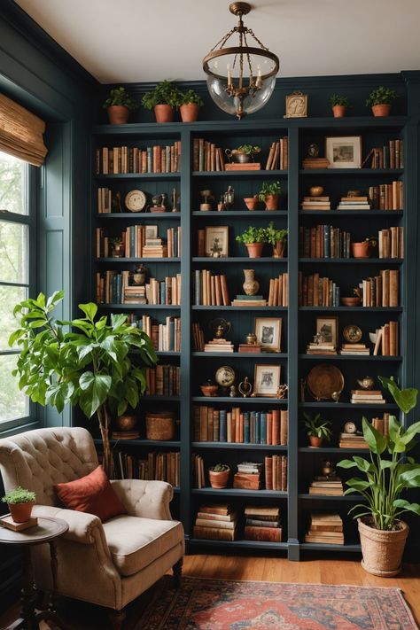 25 Dark Cottagecore Bedroom Ideas – ToolzView Modern Dark House Interior, Apartment Home Library, Dark Cottage Core Library, Deep Green Bookshelves, Built On Bookshelves, Home Library Two Story, Dark Green Moody Library, Plant Shelf Decorating Ideas, Built In Bookshelves Color Ideas