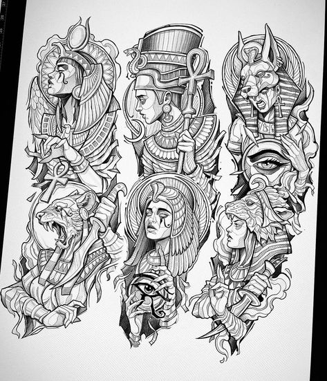 Egyptian Queen Tattoos, Gods Tattoo, Egypt Tattoo Design, Egyptian Tattoo Sleeve, Half Sleeve Tattoos Drawings, Egypt Tattoo, Greek Mythology Tattoos, God Tattoos, Muster Tattoos