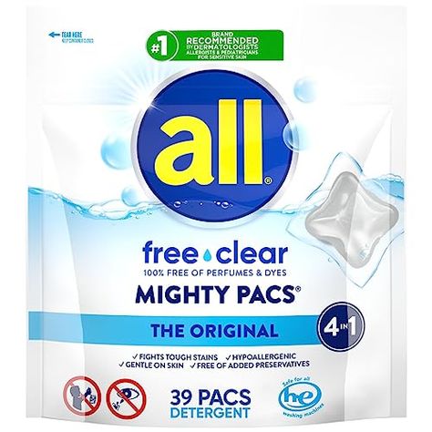 all Mighty Laundry Detergent Pacs, Free Clear for Sensitive Skin, Unscented and No Dye, 39 Count Detergent Brands, Scented Laundry Detergent, Hypoallergenic Laundry Detergent, Washing Machine Drum, Liquid Laundry Detergent, Laundry Liquid, Washing Machines, Soft Clothes, Dye Free