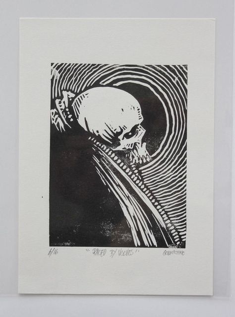 Godmachine "Raised By Wolves" Limited Edition Lino Block Print Skull Dark Art | #1720287051 Block Print Ideas, Skull Linocut, Block Printing Ideas, Skull Dark Art, Lithography Printmaking, Lithography Art, Relief Prints, Lithography Prints, Lino Block