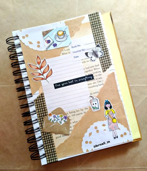 Quotes For Diary Cover, Spiral Notebook Journal Ideas, Diy Book Cover Ideas Creative Journals, Mini Art Journal Ideas, Dairy Cover Design Ideas, Doodle Ideas Creativity, Diary Decoration Ideas Art Journals, Dairy Cover Design Diy, Handmade Diary Cover Ideas