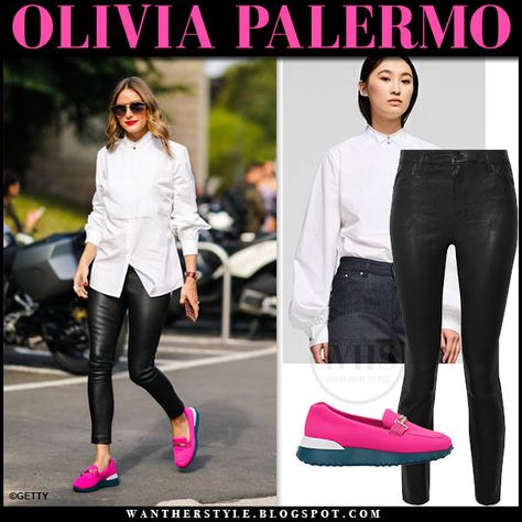 Olivia Palermo in white shirt, black leather pants and hot pink loafers #oliviapalermo #fashion #style #streetstyle #fashionweek #milanfashionweek #outfit #celebrity #outfit #leatherpants #loafers #chic Hot Pink Loafers Outfit, Pink Loafer Outfits Women, Pink Loafers Outfit Work, Purple Loafers Outfit, Pink Flats Outfit Work, Hot Pink Sneakers Outfit, Outfit With Pink Sneakers, Hot Pink Shoes Outfit, Pink Loafers Outfit