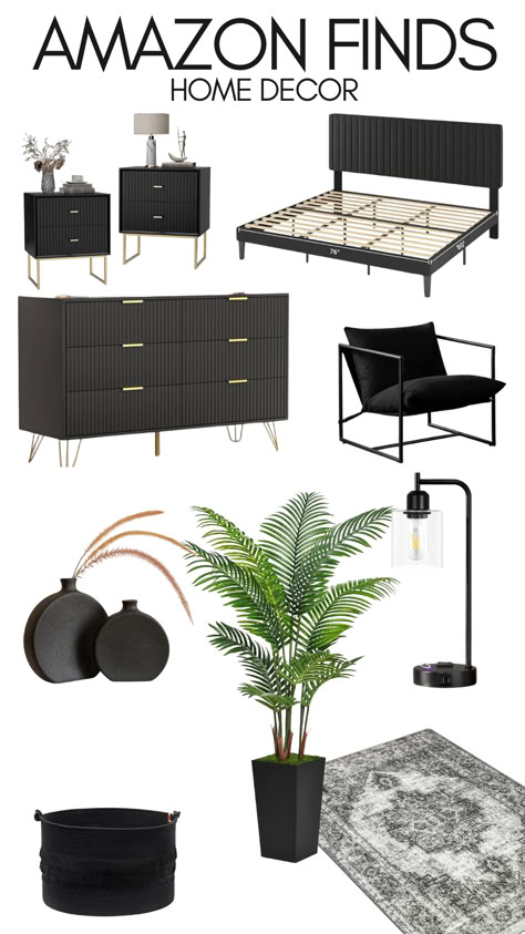 Black And White Room Inspiration, Black And White Room Decor Bedroom, Black Decor Bedroom, Black And White Bedroom Aesthetic, Black Modern Bedroom, Black And White Room Decor, Apt Aesthetic, Black White And Gold Bedroom, Upholstered Bedroom Set