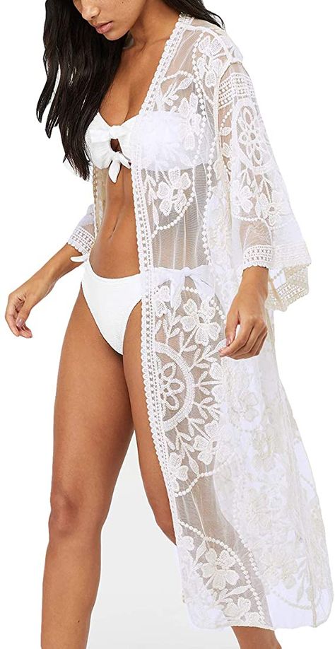 Swimsuit Embroidery, Lace Beach Wear, Embroidery Beach, Lace Beach Dress, Cardigan Kimono, Sleeve Swimsuit, Beach Kimono, Lace Kimono, Cover Beachwear