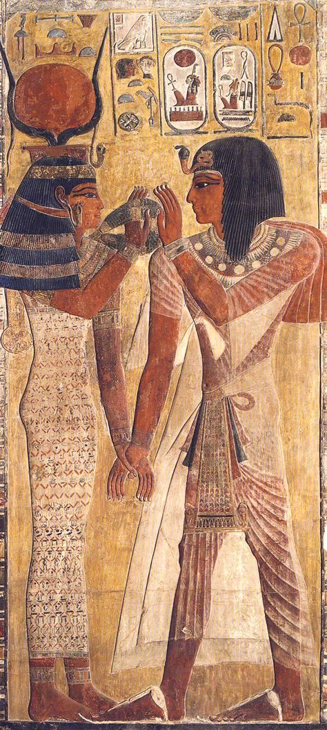 Hathor and Seti I, detail of a pillar in the tomb of Sety I, 1300 BC, painted plaster on limestone Starověký Egypt, Kemet Egypt, Egyptian Painting, Egiptul Antic, Egyptian Artifacts, Ancient Egypt Art, Egypt History, Egyptian Culture, Egyptian Mythology