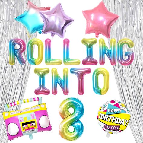 PRICES MAY VARY. Our Rolling into 8 Party Supplies set has it all to make this a big awesome day! This set of Lets Roll Skate Party Decoration can be use back to 90s party! You will get: 1 x Rolling into 8 Letter balloon, 1 x radio balloon, 3 x stars. 1 x foil balloon( detail please refer to the pictures). DIY your Rolling into 8 Birthday Decoration! Use our balloons and backdrop to celebrate your impressive moment! Our Rolling into 8 Party Supplies set has it all to make this a big awesome day! Skating Party, Roller Skating Party, 90s Party, Skate Party, Retro Theme, Birthday Decoration, Roller Skating, Party Balloons, Party Decoration