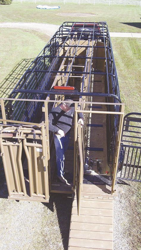 Randy Kell can safely work cattle in his stock trailer and haul them away a few minutes later in the same trailer. His Double K Alleyway makes it easy to use the same rig for both jobs. Show Cattle Barn, Cattle Housing, Cattle Facility, Cattle Pens, Cattle Feeder, Shop Hacks, Cattle Corrals, Cattle Trailers, A Few Minutes Later