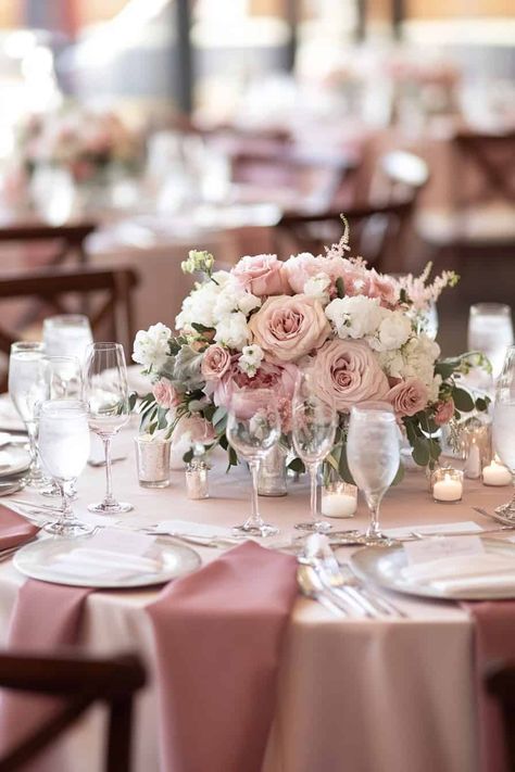 Pink Dreams: 16 Stylish Ideas For A Pink Wedding • Pale Blush Wedding Theme, Dusty Rose Centerpiece, Pink Wedding Accents, Blush Pink Wedding Table Decor, Soft Pink Wedding Theme, White And Pink Centerpieces, Pink Neutral Wedding, Pink And White Wedding Decorations, Wedding Centerpieces Low