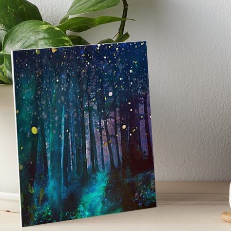 Professionally printed on firm, textured mat boards perfect for desks and shelves. Supplied with 3M velcro dots to easily affix to walls. Available in standard sizes. Dark Forest Painting Easy, Crayon Ideas, Firefly Forest, Muse Art, Forest Wall, Mural Wall, Landscape Art Painting, Forest Art, Night Painting