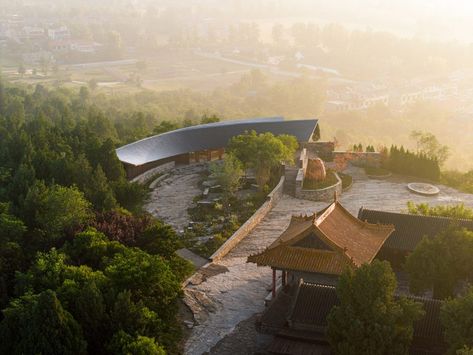 Bird wings inform design of Dapi Mountain Restaurant in China Mountain Restaurant, Grey Stone Wall, Rammed Earth Wall, Ancient Temple, Ancient Buildings, Rustic Stone, Bird Wings, Cypress Trees, Ancient Tree