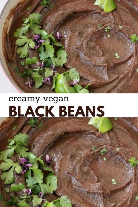 The best creamy black beans recipe from scratch or “ frijoles negros “ - slowly cooked beans with herbs and smoky spices then whipped until smooth and fluffy. Beans Recipe Vegan, Vegan Black Bean Recipes, Veggie Society, Black Beans Recipe, Chunky Guacamole, Black Bean Recipes, Vegan Black Bean, Sandwich Spread, Vegan Beans