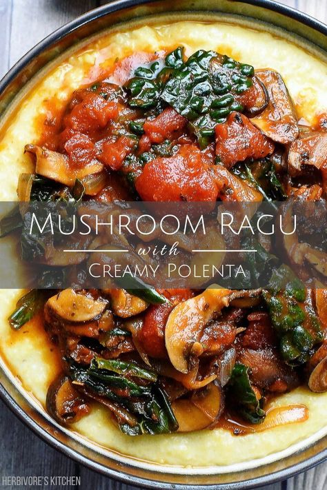 This savory Mushroom Ragu is one for the vegan dinner rotation. A healthy tomato sauce, packed with mushrooms and slow cooked into a savory pasta sauce will keep you warm all winter long. You can serve this over pasta, polenta or with gnocchi for a delicious vegan dinner! #ragu #tomatosauce #mushroomragu #ragurecipe #creamypolenta Vegan Umami Recipes, Vegetable Ragu Recipes, Mushrooms And Polenta, Mushroom Ragu With Polenta, Mushroom And Gnocchi Recipes, Vegan Mushroom Ragu, Mushroom And Tomato Recipes, Kale And Mushroom Recipes, Vegan Recipes With Mushrooms