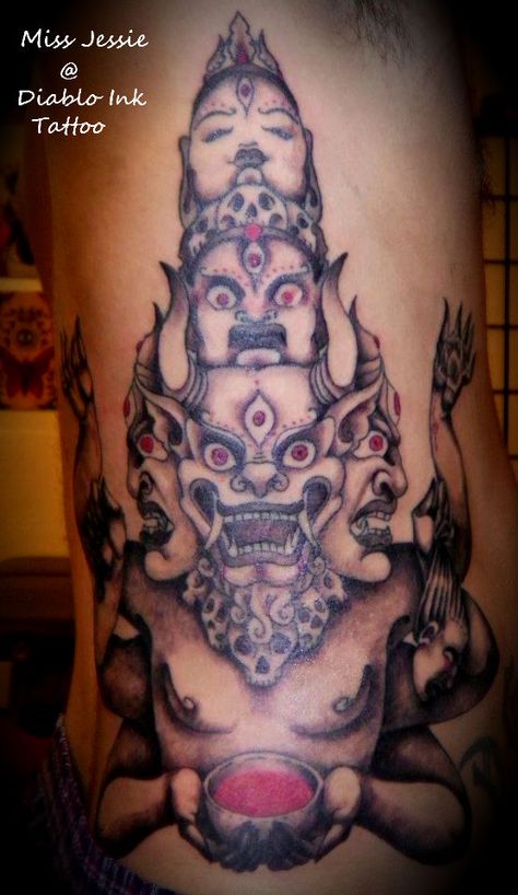 Yamantaka Hindu deity rib tattoo by Miss Jessie at Diablo Ink Tattoo Pleasant Hill Ca 925-691-6667 Yaksha Tattoo, Vajra Tattoo, Yamantaka Tattoo, Samadhi Tattoo, Miss Jessies, Yamantaka Thangka, C Tattoo, Hindu Deities, Rib Tattoo