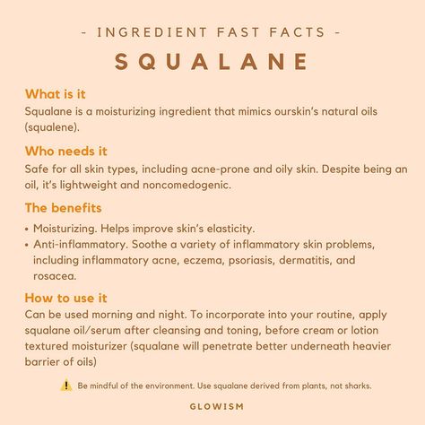 Lets learn about a powerful moisturizing ingredient - Squalane - today! My favorite night serum recently is Biossance squalane and lactic acid night serum it contains plant based squalane and provides light exfoliation overnight. I only use it two or three times each week but I always notice smoother and softer skin the second day when I wake up.   Squalane vs Squalene Squalane oil is a saturated byproduct of squalene oil a polyunsaturated hydrocarbon. Dont be confused by Squalane and Squalene - Squalene Oil Benefits, Squalane Benefits, Squalene Oil, Biossance Squalane, Skincare Science, Squalane Oil, Dermatological Skin Care, Hair Skin And Nails, Fast Facts