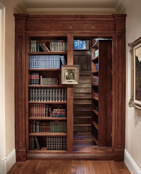 AVRIL INTERIORS on Instagram: “Every home should have a little mystery & intrigue! 🖤 Mr. Green, in the Library with the Candlestick 🔍#hiddenstaircase #designlove…” Dream House Library, Secret Rooms In Houses, Secret Passages, Simple Living Room Decor, Home Library Design, Hidden Rooms, Secret Door, Small House Plan, Built In Furniture