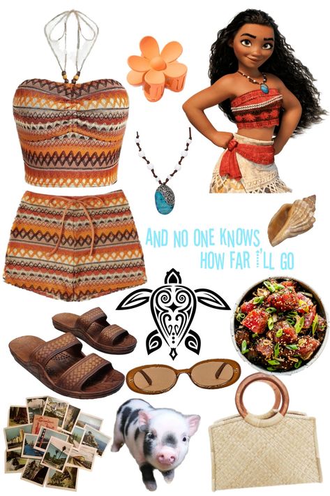 Polynesian orange tribal print top and short set paired with brown hawaiian sandals. Brown oval sunglasses. Orange flower claw clip. Blue pendant necklace. Woven bag with wood circular handle. Tiny spotted pet pig. Moana Outfit, Disney Princess Inspired Outfits, Moana Birthday Party Theme, Outer Banks Outfits, Disney Character Outfits, Belle Outfit, Princess Inspired Outfits, Disney Princess Outfits, Everyday Cosplay