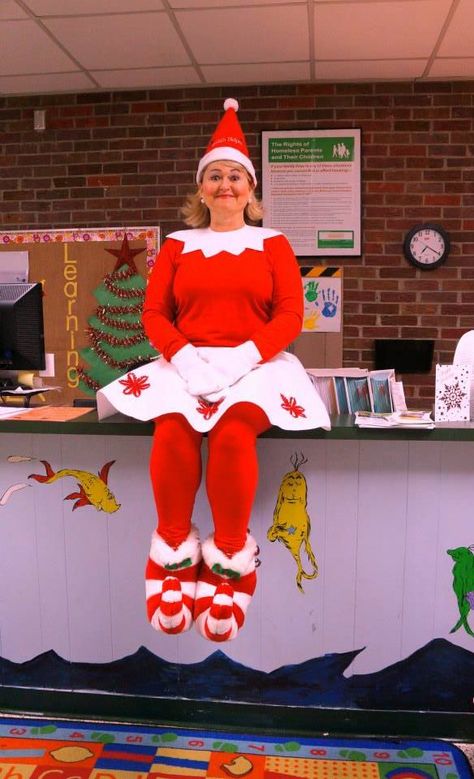 My Elf on the Shelf costume 2013 Elf Costume Diy, Costume Diy Women, Christmas Elf Costume Diy, Elf On The Shelf Costume, Creative Ugly Christmas Sweater, Diy Elf Costume, Diy Christmas Costumes, Christmas Character Costumes, Diy Christmas Elves